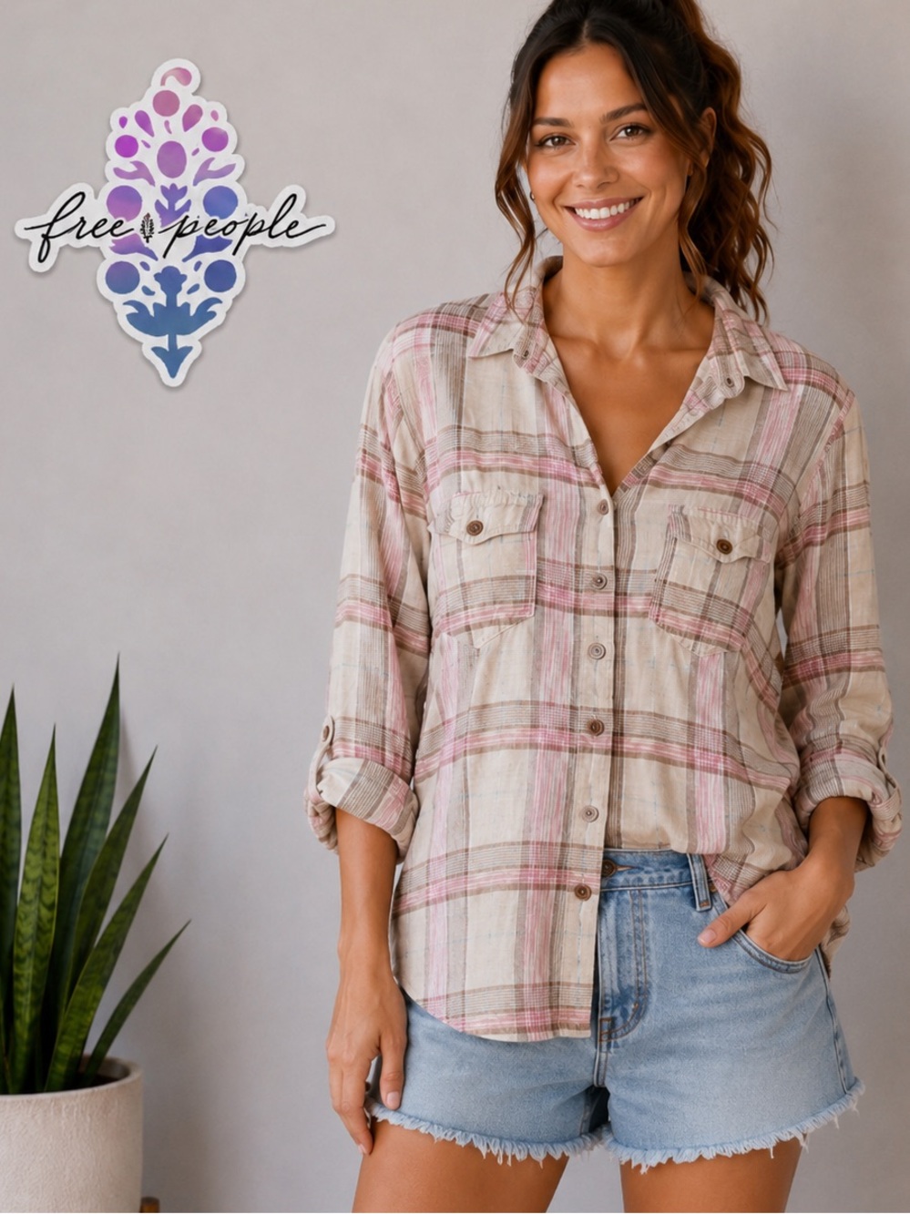 Free People Linen & Cotton Blend Plaid Button-Down Shirt in pink and tan/brown